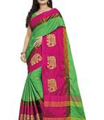 Green Embroidered Cotton Silk Saree With Blouse