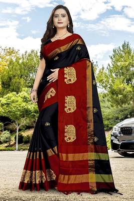Black Embroidered Cotton Silk Saree With Blouse 1
