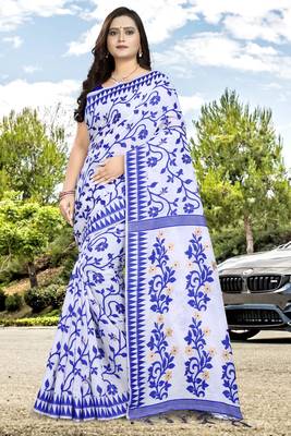Blue printed cotton silk saree with blouse 1