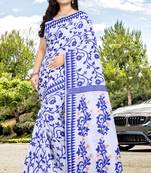 Blue printed cotton silk saree with blouse