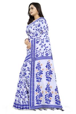 Blue printed cotton silk saree with blouse 2
