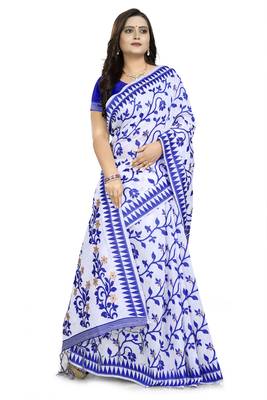 Blue printed cotton silk saree with blouse 3