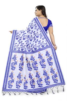 Blue printed cotton silk saree with blouse 4