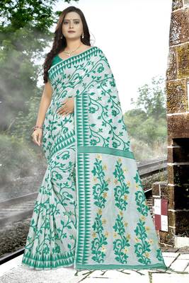 Green printed cotton silk saree with blouse 1