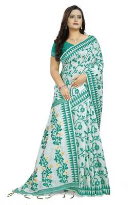 Green printed cotton silk saree with blouse 3