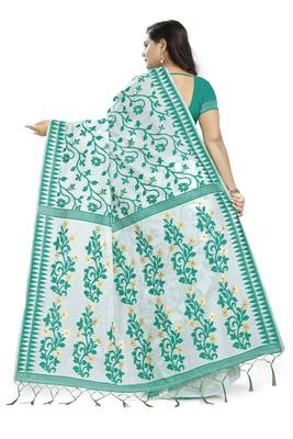 Green printed cotton silk saree with blouse 4