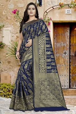 Navy Blue Printed Jacquard Saree With Blouse 1