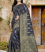 Navy Blue Printed Jacquard Saree With Blouse