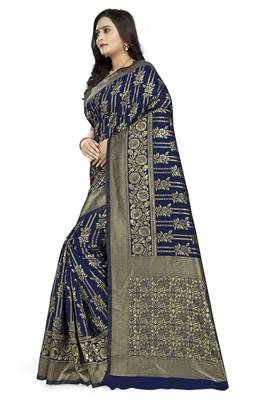 Navy Blue Printed Jacquard Saree With Blouse 2