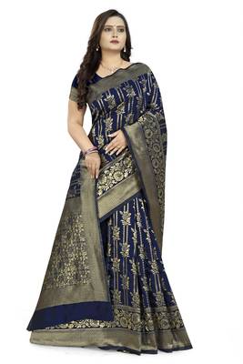 Navy Blue Printed Jacquard Saree With Blouse 3