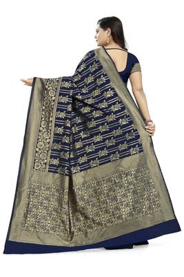 Navy Blue Printed Jacquard Saree With Blouse 4