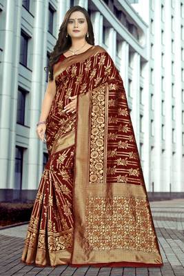 Brown Printed Jacquard Saree With Blouse 1