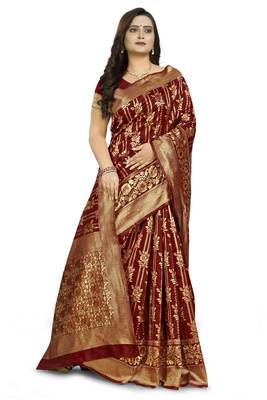 Brown Printed Jacquard Saree With Blouse 3