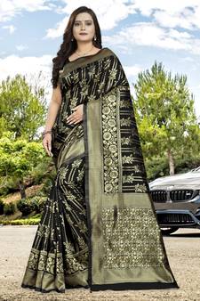 Black Printed Jacquard Saree With Blouse