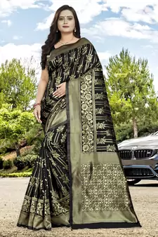 Black Printed Jacquard Saree With Blouse