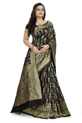 Black Printed Jacquard Saree With Blouse 3