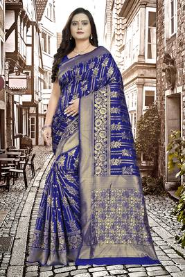 Royal Blue Printed Jacquard Saree With Blouse 1