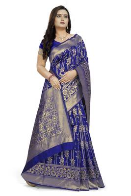 Royal Blue Printed Jacquard Saree With Blouse 3