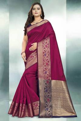 Pink printed cotton saree with blouse 1