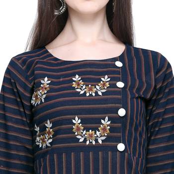 Dark-blue embroidered cotton long-kurtis 5