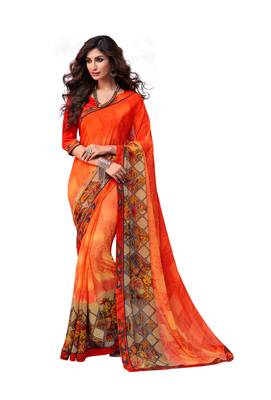 Orange printed georgette saree with blouse 1