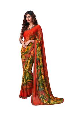 Orange printed georgette saree with blouse 1