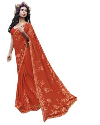 Orange embroidered georgette saree with blouse 1