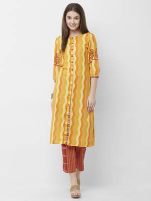 Women's Orange Cotton Printed Kurta-Pant Set 1