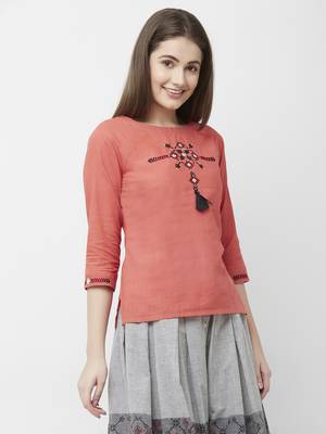 Women's Pink Embroidered Cottton Top Skirt Set 3
