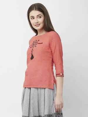 Women's Pink Embroidered Cottton Top Skirt Set 4