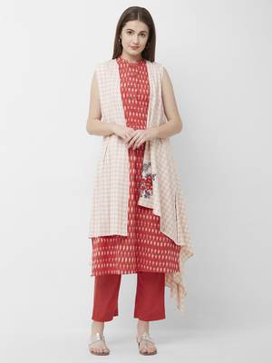 Women's Red Printed Kurta-Pant Cotton Ikat Set 1