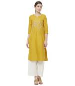 Yellow embroidered cotton kurtas-and-kurtis