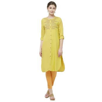 Yellow embroidered rayon kurtas-and-kurtis 1