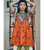 Womens Orange Khadi Embroidered Kedia With Tulip Pants 