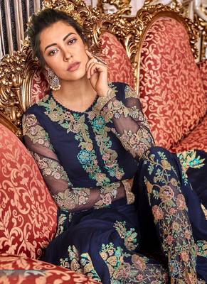 Navy-blue embroidered satin salwar 2