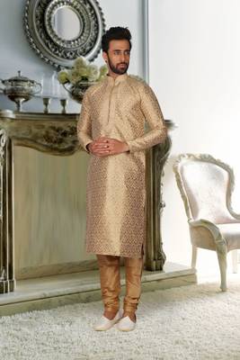 Off White Embroidered Brocade Kurta Pajama 1