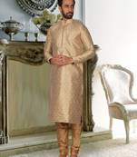 Off White Embroidered Brocade Kurta Pajama