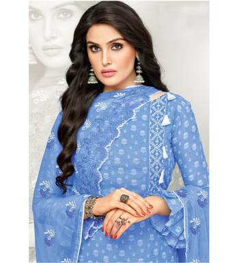 Blue Cotton Satin Women's Unstitched Dress Material 2