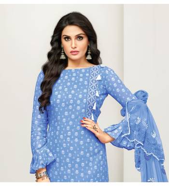 Blue Cotton Satin Women's Unstitched Dress Material 3