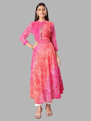 Kimisha Women's  Pink Chiffon Full Stitched Laheria Print Anarkali Kurti 1