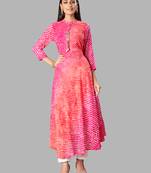 Kimisha Women's  Pink Chiffon Full Stitched Laheria Print Anarkali Kurti