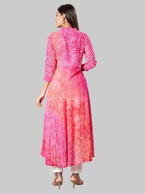 Kimisha Women's  Pink Chiffon Full Stitched Laheria Print Anarkali Kurti 2