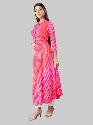 Kimisha Women's  Pink Chiffon Full Stitched Laheria Print Anarkali Kurti 3
