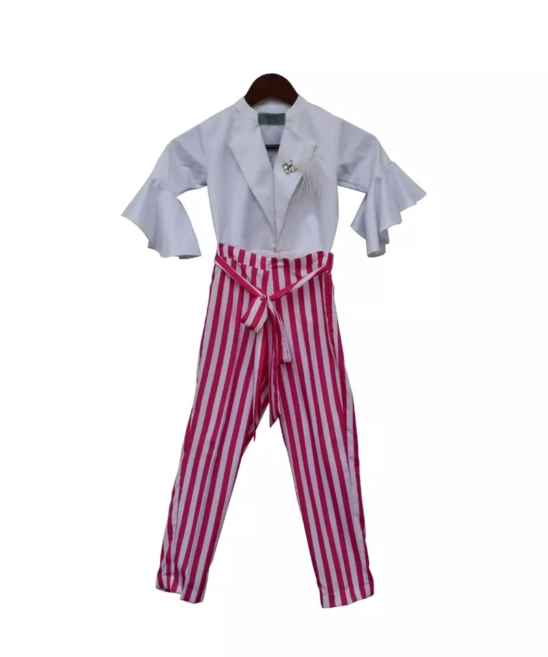 White Knotted Top with Stripe Pants