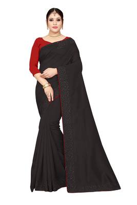 black plain silk blend saree with blouse 1
