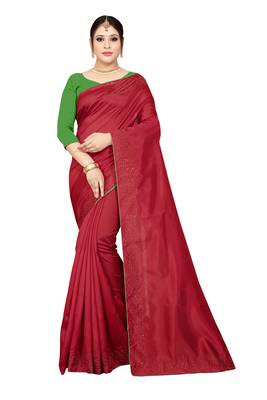 red plain silk blend saree with blouse 1