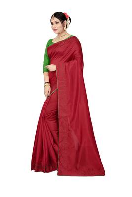 red plain silk blend saree with blouse 2