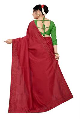 red plain silk blend saree with blouse 3