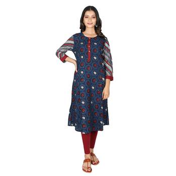 Women's Indigo Blue Cotton Double Printed A-line Kurti 1