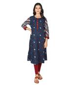 Women's Indigo Blue Cotton Double Printed A-line Kurti